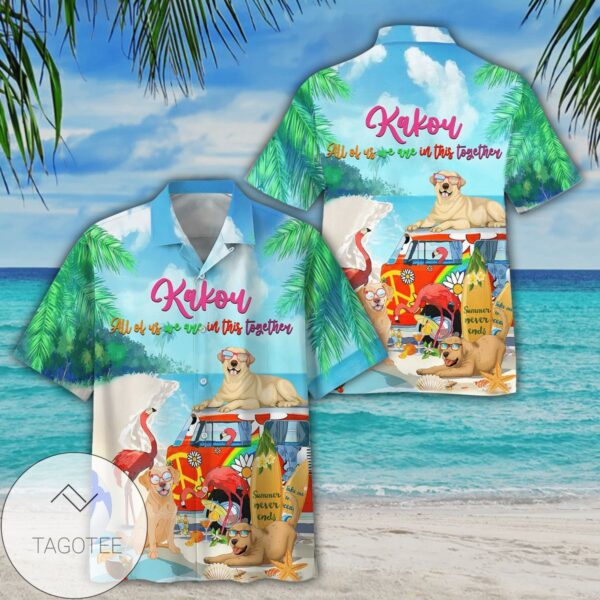 Flamingo And Dogs In The Beach Kakow All Of Us We In This Together Print Short Sleeve Hawaiian Casual Shirt Vesles2014S 1
