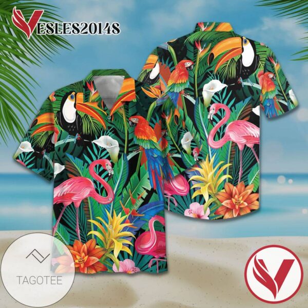 Flamingo And Parrot Tropical Flowers Print Short Sleeve Hawaiian Casual Shirt Vesles2014S