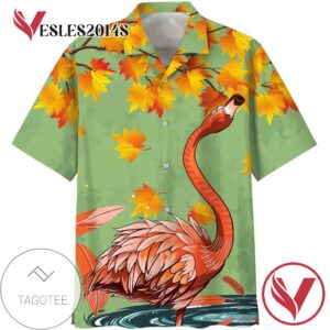 Flamingo Autumn Print Short Sleeve Hawaiian Casual Shirt Vesles2014S 1