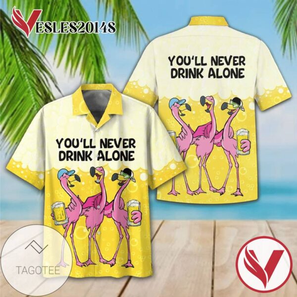Flamingo Drink Beer You'll Never Drink Alone Print Short Sleeve Hawaiian Casual Shirt Vesles2014S 1