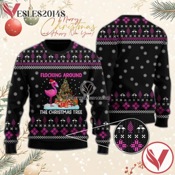 Flamingo Flocking Around The Christmas Tree Ugly Sweater, Unique Winter Outfits For Fans - Vesles2014S  1