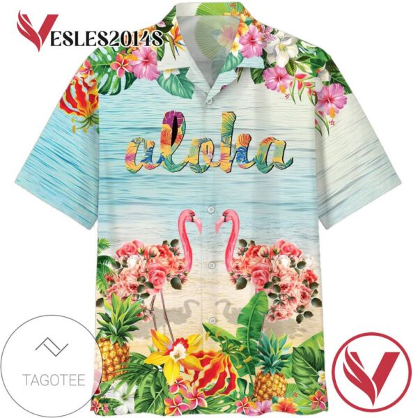 Flamingo Flowers Aloha Print Short Sleeve Hawaiian Casual Shirt Vesles2014S 1