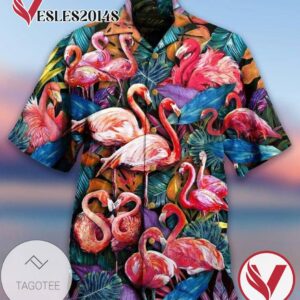 Flamingo Heart Print Short Sleeve Hawaiian Casual Shirt Vesles2014S 1
