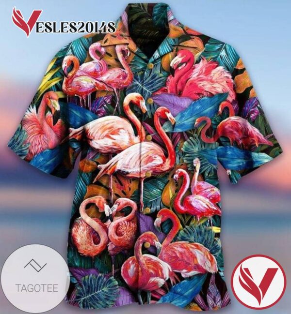 Flamingo Heart Print Short Sleeve Hawaiian Casual Shirt Vesles2014S 1