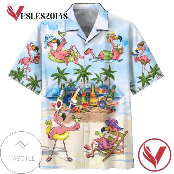 Flamingo In The Beach Print Short Sleeve Hawaiian Casual Shirt Vesles2014S 1