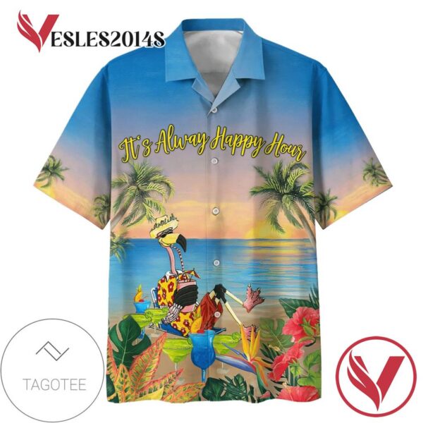 Flamingo It's Alway Happy Hour Print Short Sleeve Hawaiian Casual Shirt Vesles2014S 1