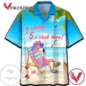 Flamingo It's Always 5 O'clock Here Print Short Sleeve Hawaiian Casual Shirt Vesles2014S