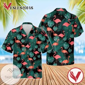 Flamingo Palm Hawaiian Graphic Print Short Sleeve Hawaiian Casual Shirt Vesles2014S