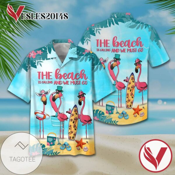 Flamingo The Beach Is Calling And We Must Go Print Short Sleeve Hawaiian Casual Shirt Vesles2014S