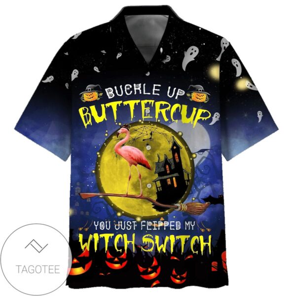 Flamingo Witch Halloween Buckle Up Buttercup You Just Flipped My Witch Switch Print Short Sleeve Hawaiian Casual Shirt Vesles2014S 1