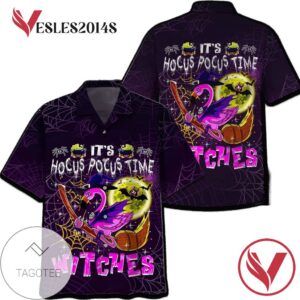 Flamingo Witch It's Hocus Pocus Time Witches Print Short Sleeve Hawaiian Casual Shirt Vesles2014S