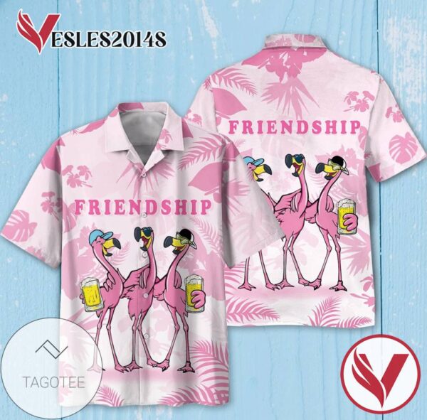 Flamingoes Drink Beer Friendship Print Short Sleeve Hawaiian Casual Shirt Vesles2014S 1