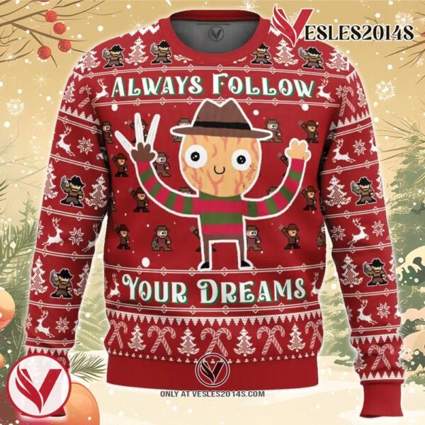 Follow Your Dreams Nightmare on Elm Street Ugly Christmas Sweater, Unique Christmas Gift For Fans - Vesles2014S