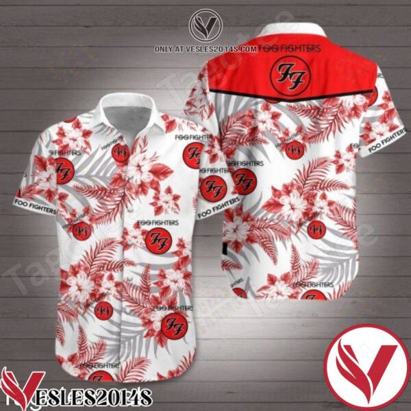 Foo Fighters Red Tropical Hibiscus Palm Leaf White Hawaiian Shirt, Unique Gifts For Friends - Vesles2014S 1