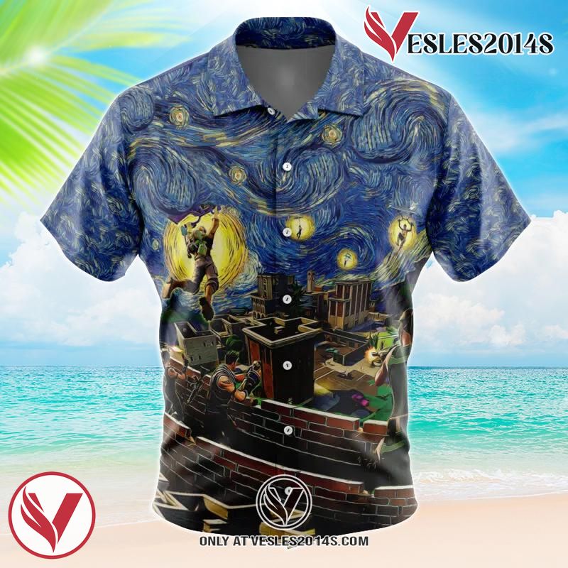 Fortnite Starry Night Tilted Towers Hawaiian Button Up Shirt, Perfect Gifts For Anime Lovers - Vesles2014S