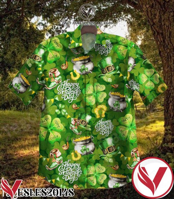 Four-leaf Clover Happy St Patrick’s Day Faith Hope Lucky Love Green Hawaiian Shirt, Unique Gifts For Friends - Vesles2014S 1