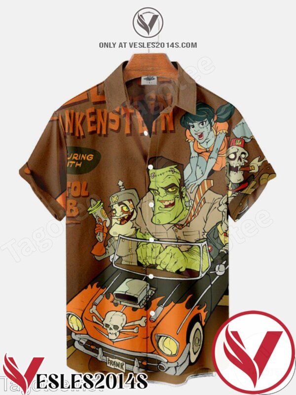 Frankenstein And Friends Motor Racing Halloween Hawaiian Shirt, Unique Gifts For Friends - Vesles2014S 1