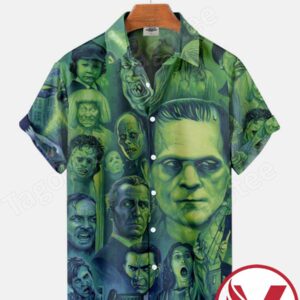 Frankenstein And Horror Characters Green Abstract Halloween Hawaiian Shirt, Unique Gifts For Friends - Vesles2014S 1