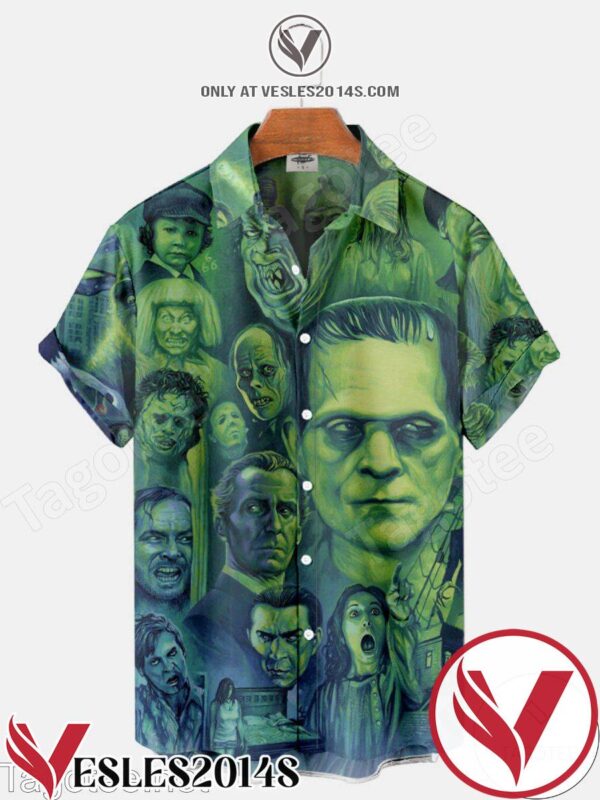 Frankenstein And Horror Characters Green Abstract Halloween Hawaiian Shirt, Unique Gifts For Friends - Vesles2014S 1