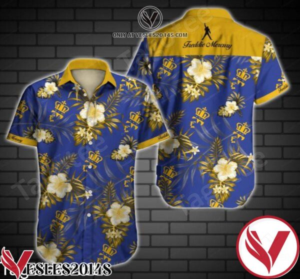 Freddie Mercury Yellow Tropical Floral Navy Hawaiian Shirt, Unique Gifts For Friends - Vesles2014S 1