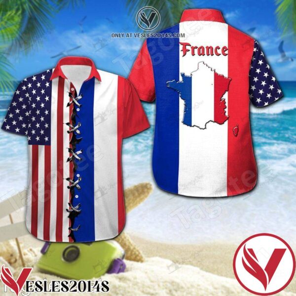French & American Flag Hawaiian Shirt And Short, Unique Gifts For Friends - Vesles2014S 1