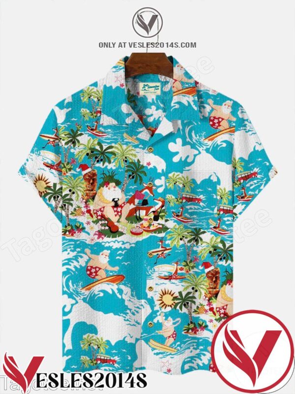 Funny Santa And Elk Surfing Blue Hawaiian Shirt, Unique Gifts For Friends - Vesles2014S 1
