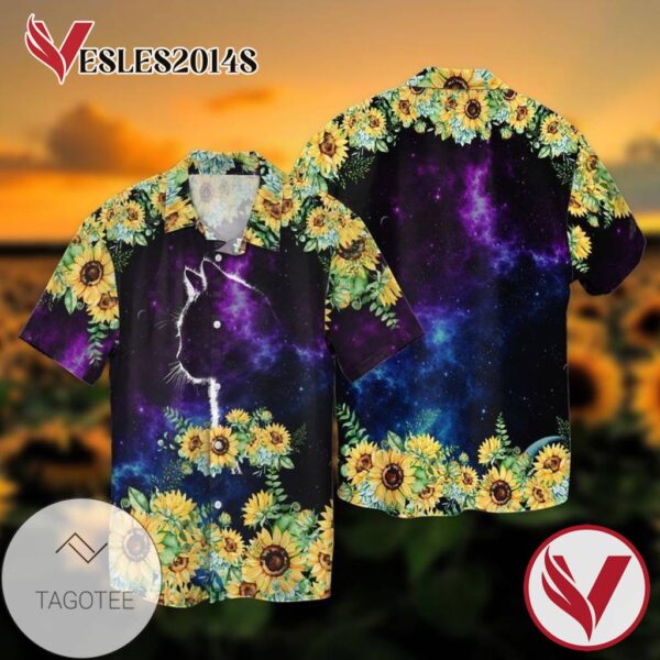 Galaxy Cat With Sunflowers For Men And Women Graphic Print Short Sleeve Hawaiian Casual Shirt Vesles2014S 1