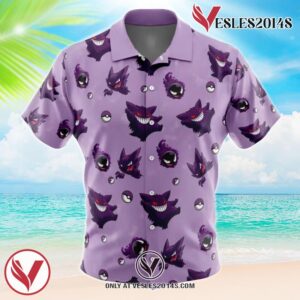 Gengar Pattern Pokemon Hawaiian Button Up Shirt, Perfect Gifts For Anime Lovers - Vesles2014S