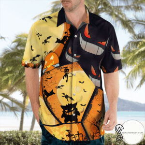 Gengar Pokemon Halloween Full Printing Hawaiian Shirt Funny Hawaiian Beach Gift Casual Shirt Vesles2014S