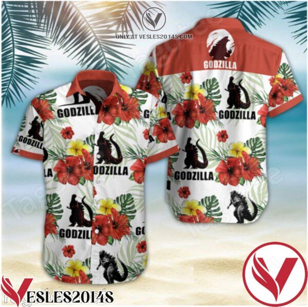Godzilla Red Hibiscus And Plumeria White Hawaiian Shirt, Unique Gifts For Friends - Vesles2014S 1