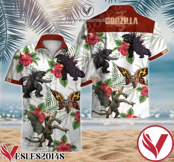 Godzilla Red Hibiscus Palm Leaf White Hawaiian Shirt, Unique Gifts For Friends - Vesles2014S 1