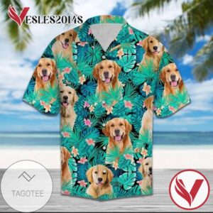 Golden Retriever Dog Funny Hawaiian Graphic Print Short Sleeve Hawaiian Casual Shirt Vesles2014S