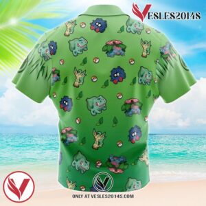 Grass Type Pattern Pokemon Hawaiian Button Up Shirt, Perfect Gifts For Anime Lovers - Vesles2014S 1