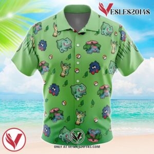 Grass Type Pattern Pokemon Hawaiian Button Up Shirt, Perfect Gifts For Anime Lovers - Vesles2014S