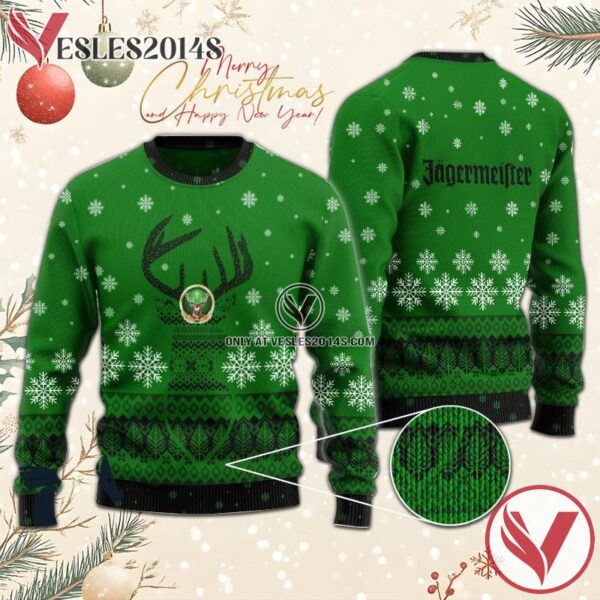 Green Jagermeister Reindeer Snowy Christmas Sweater, Unique Winter Outfits For Fans - Vesles2014S  1