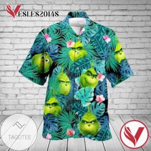 Grinch Tropical Floral Hawaiian Graphic Print Short Sleeve Hawaiian Casual Shirt Vesles2014S