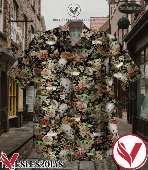 Groot And Yoda Flower Pattern Black Hawaiian Shirt, Unique Gifts For Friends - Vesles2014S 1