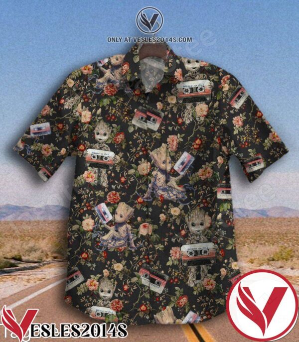 Groot With Awesome Mix Tape Flower Black Hawaiian Shirt, Unique Gifts For Friends - Vesles2014S 1