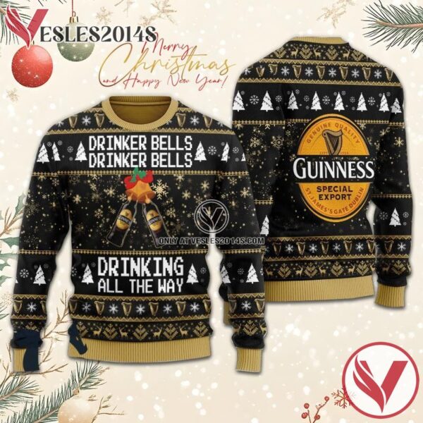 Guinness Drinker Bells Drinking All The Way Christmas Ugly Sweater, Unique Winter Outfits For Fans - Vesles2014S  1