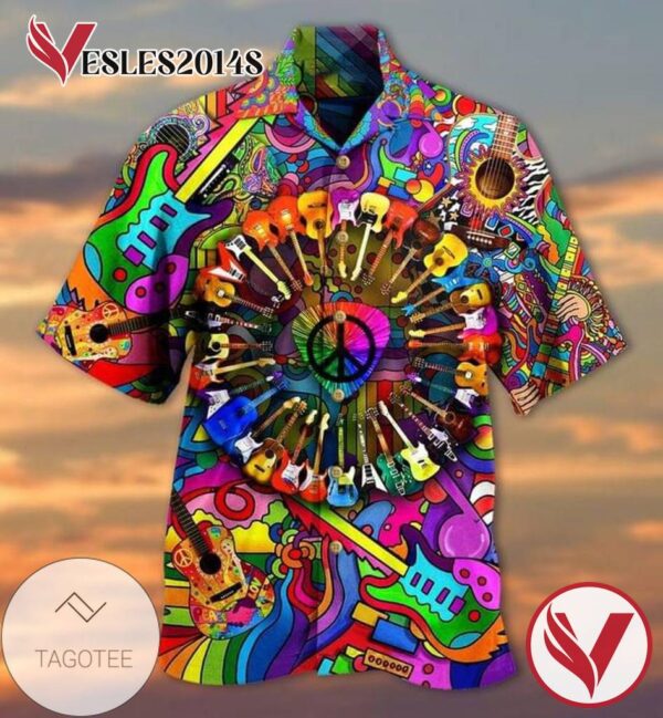 Guitar Love Peace Print Short Sleeve Hawaiian Casual Shirt Vesles2014S 1