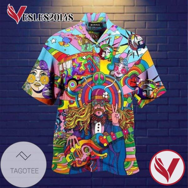 Guitar Man And Girl Hippie Print Short Sleeve Hawaiian Casual Shirt Vesles2014S 1