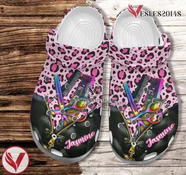 Hair Stylist Leopard Pink Croc Shoes For Wife Mother Day 2022- Scissors Comb Hair Shoes Croc Clogs Customize, Unique Gift From  Vesles2014S
