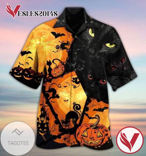 Halloween Black Cat And Pumpkin Print Short Sleeve Hawaiian Casual Shirt Vesles2014S 1