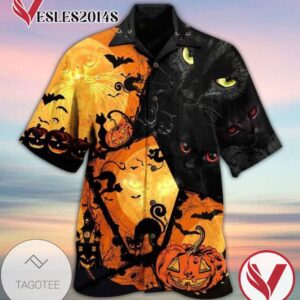 Halloween Black Cat And Pumpkin Print Short Sleeve Hawaiian Casual Shirt Vesles2014S