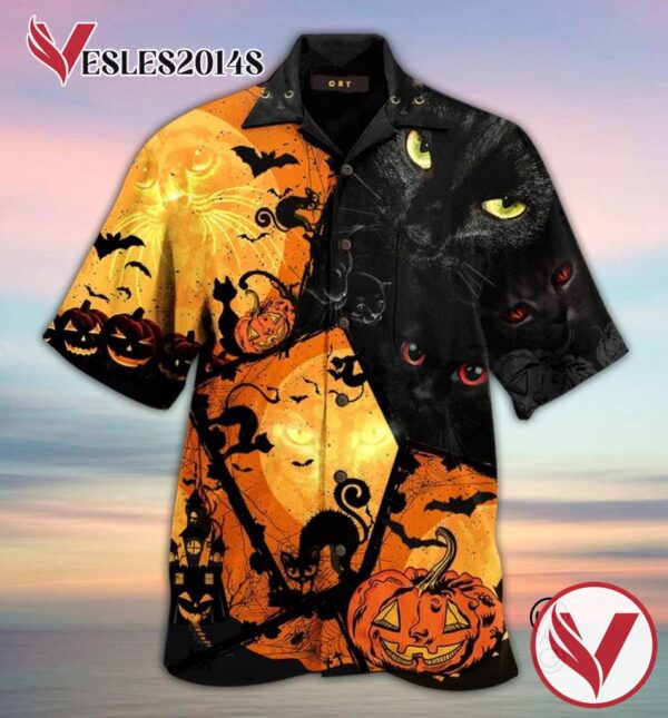 Halloween Black Cat Full Printing Hawaiian Shirt Funny Hawaiian Beach Gift Casual Shirt Vesles2014S 1