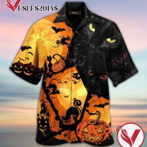 Halloween Black Cat Full Printing Hawaiian Shirt Funny Hawaiian Beach Gift Casual Shirt Vesles2014S