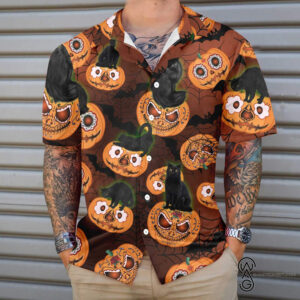 Halloween Black Cat Sugar Pumpkin Full Printing Hawaiian Shirt Funny Hawaiian Beach Gift Casual Shirt Vesles2014S