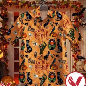 Halloween Cat Skull Spiderweb Orange Hawaiian Shirt, Unique Gifts For Friends - Vesles2014S 1