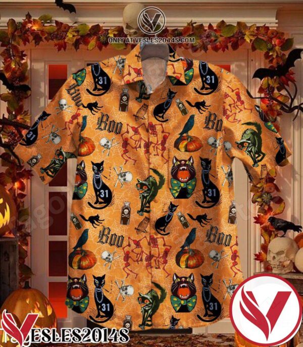 Halloween Cat Skull Spiderweb Orange Hawaiian Shirt, Unique Gifts For Friends - Vesles2014S 1