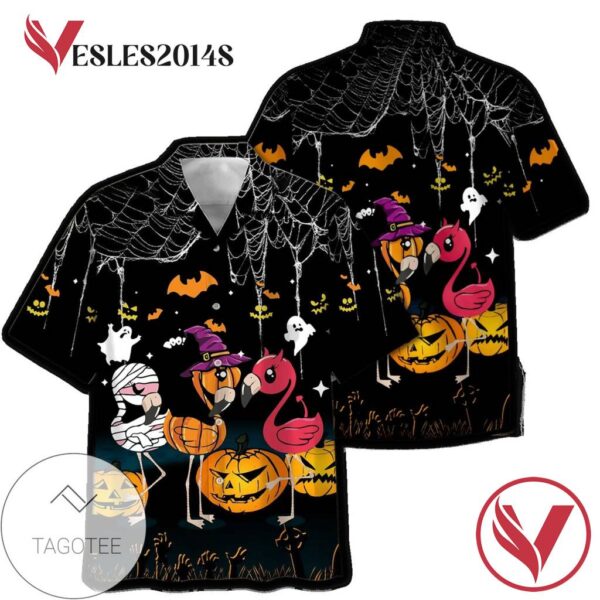 Halloween Flamingo And Pumpkin Print Short Sleeve Hawaiian Casual Shirt Vesles2014S 1